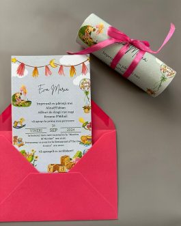 Invitație de botez roz cu panglică  tematică personalizată