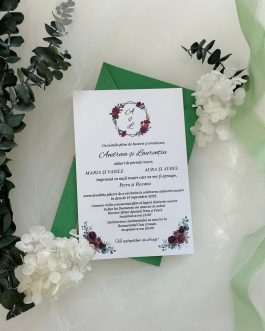 Invitație de nuntă verde tip plic legată cu sfoară naturală