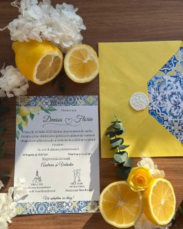 Invitație de nuntă stil Amalfi cu plic galben