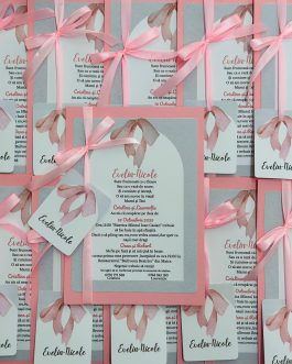 Invitație de botez roz cu fundiță din  satin