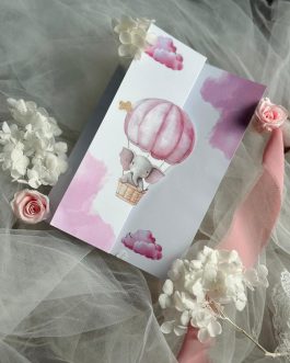 Invitație de botez pliabilă cu elefant în balon cu aer cald